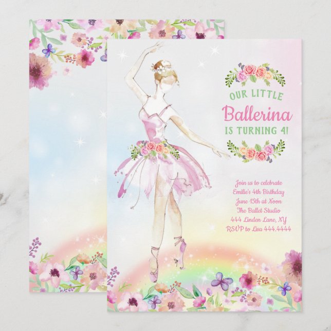 Floral Ballerina Birthday Party Invitations (Front/Back)