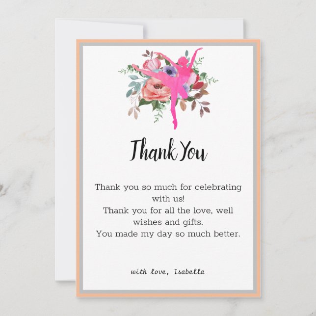 Floral Ballerina Dancer Birthday Thank You card  (Front)