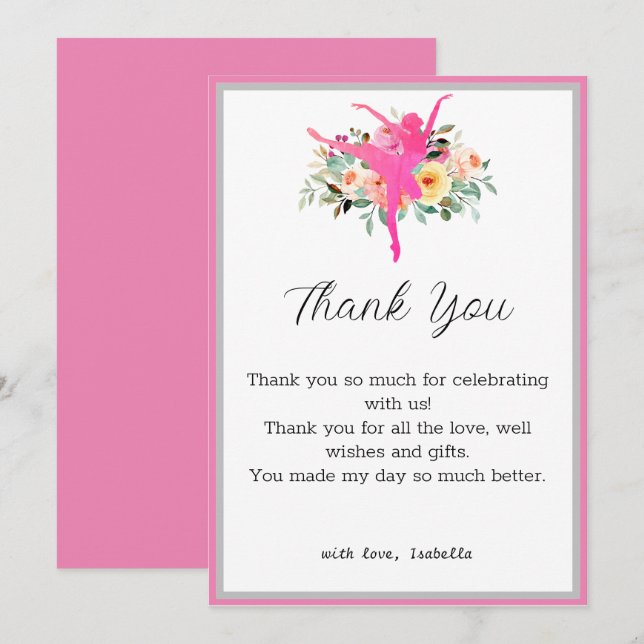 Floral Ballerina Dancer Birthday Thank You card  (Front/Back)