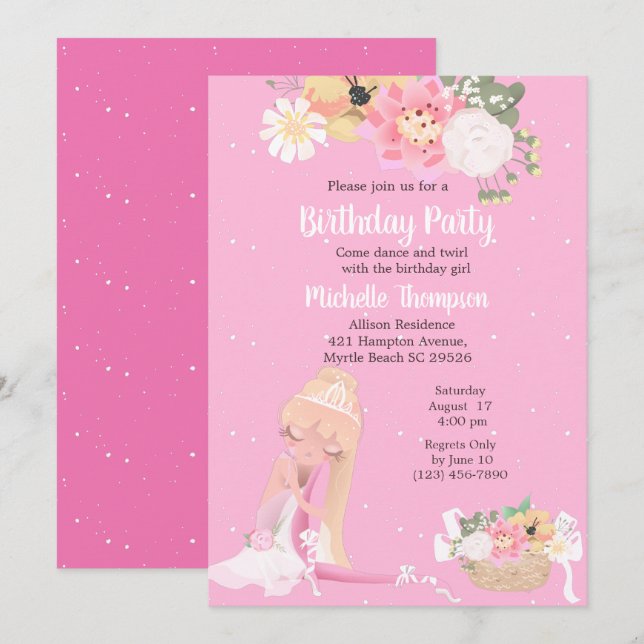Floral Ballerina Pink  Birthday Invitation (Front/Back)