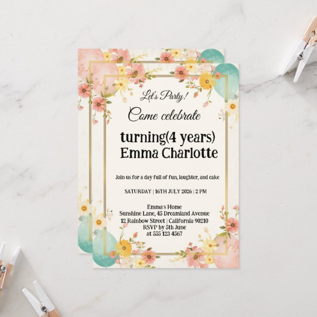 Floral Balloon Birthday  Invitation (Front/Back In Situ)