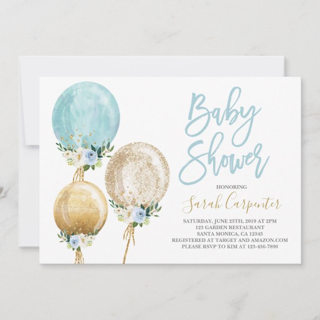 Floral balloon blue and gold baby shower boy invit invitation (Front)