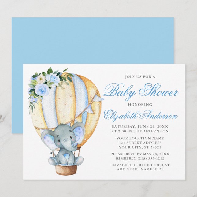 Floral Balloon Blue Elephant Baby Shower Invitation (Front/Back)