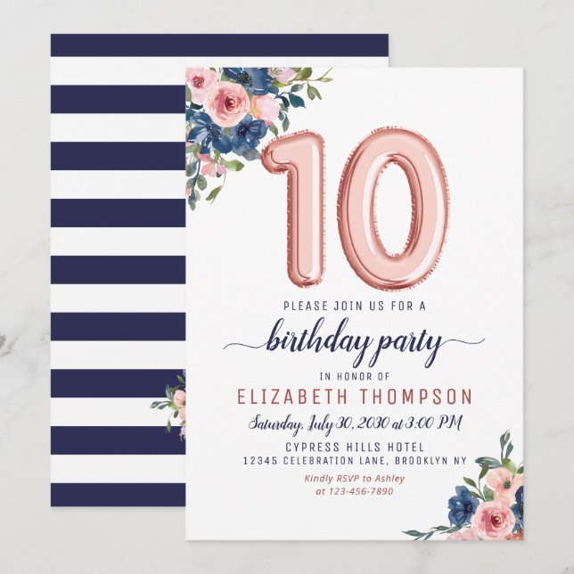 Floral Balloon Blush Rose Gold Navy Tenth Birthday Invitation (Front/Back)