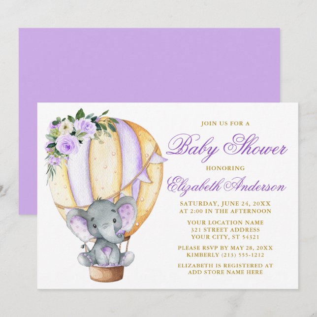 Floral Balloon Elephant Baby Shower Purple Invitation (Front/Back)