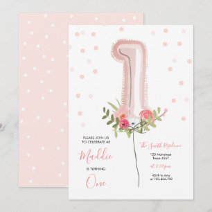 Floral Balloon First Birthday Invitation Pink Girl