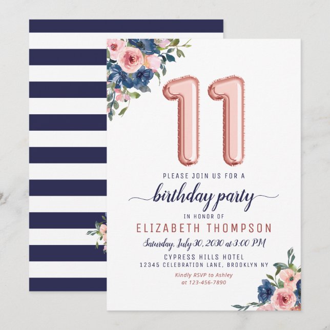 Floral Balloon Rose Gold Blush Navy 11th Birthday Invitation (Front/Back)