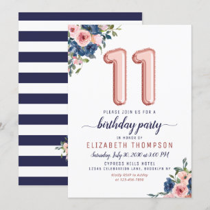 Floral Balloon Rose Gold Blush Navy 11th Birthday Invitation