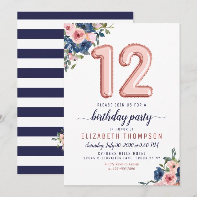 Floral Balloon Rose Gold Blush Navy 12th Birthday Invitation (Front/Back)