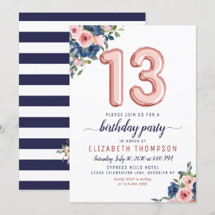 Floral Balloon Rose Gold Blush Navy 13th Birthday Invitation