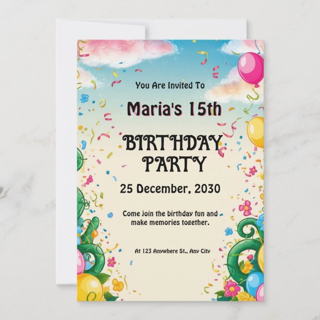 Floral Balloona Personalised Birthday Invitation (Front)