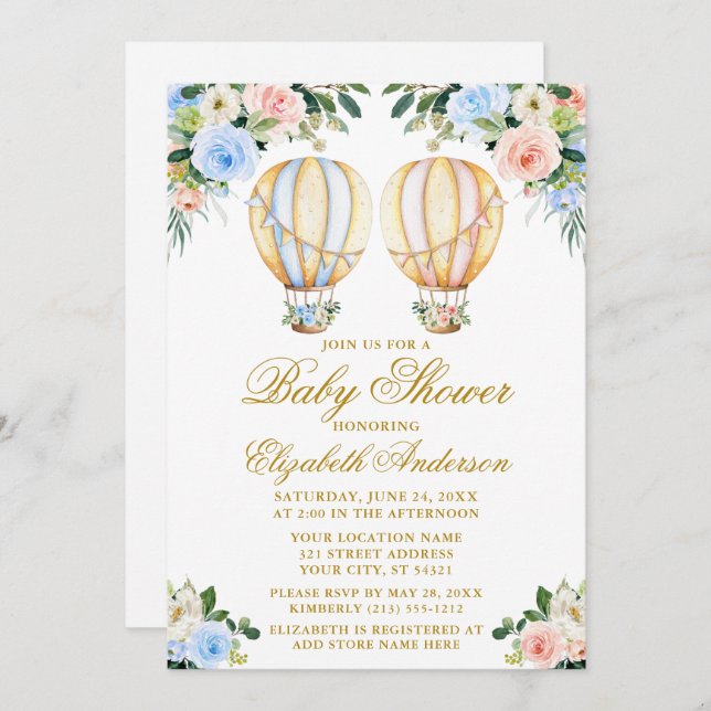 Floral Balloons Boy Girl Twins Baby Shower Invitation (Front/Back)