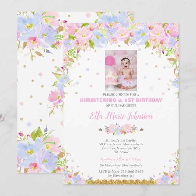Floral Baptism and 1st Birthday Party Invitation (Front/Back)