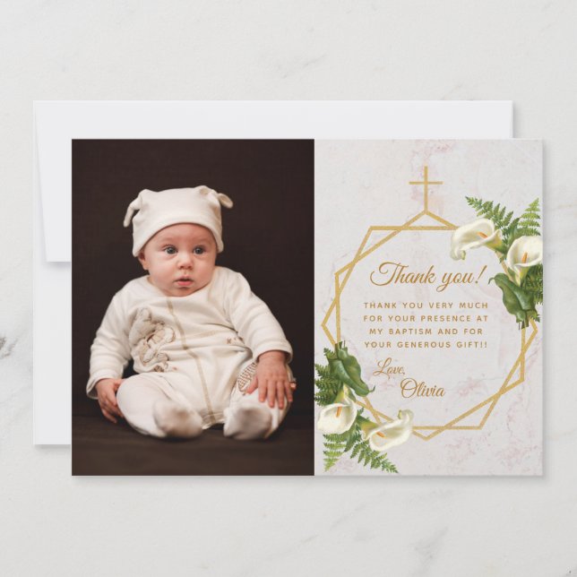 Floral Baptism Calla Lilies Gold Marble Geometric Thank You Card (Front)