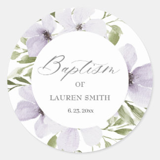 Floral Baptism Christening Elegant Purple  Classic Round Sticker
