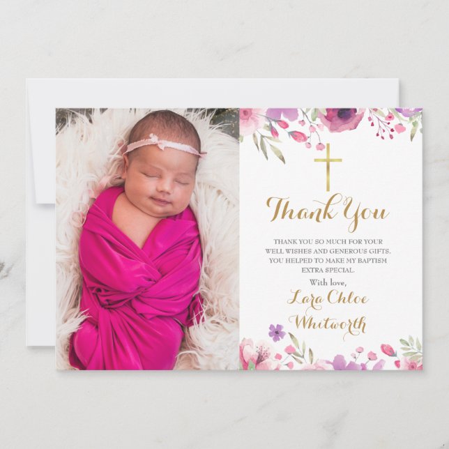 Floral Baptism, Christening Photo Script Thank You Card (Front)