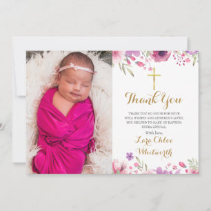 Floral Baptism, Christening Photo Script Thank You Card