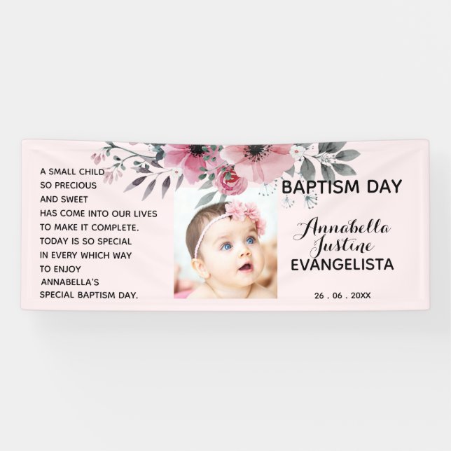 Floral BAPTISM DAY Soft Pink/Grey Event Party Banner (Horizontal)