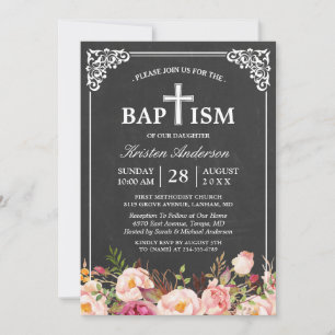 Floral Baptism   Elegant Vintage Chalkboard Frame Invitation