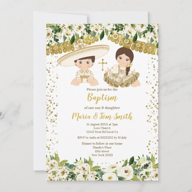 Floral Baptism Fiesta Twin Invitation (Front)