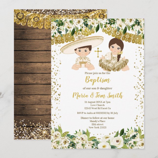 Floral Baptism Fiesta Twin Invitation (Front/Back)
