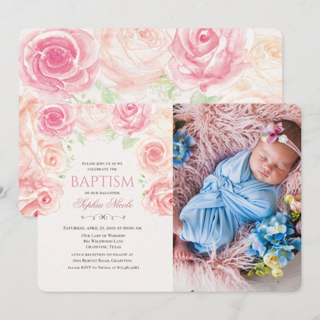 Floral Baptism Watercolor Photo Invitation (Front/Back)