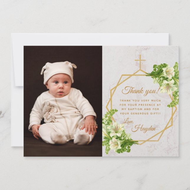 Floral Baptism White Lilies Marble Gold Cross Thank You Card (Front)