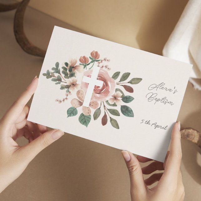 Floral Baptism with Cross Flat RSVP Card (1)