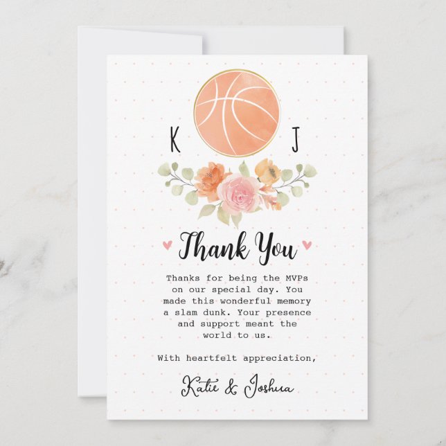 Floral Basketball Wedding Photo Thank You Card (Back)