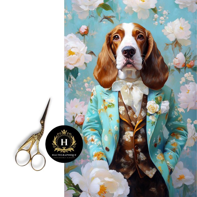 Floral Basset Hound in Teal Suit Decoupage  Tissue Paper (Creator Uploaded)