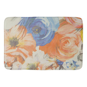 Floral Bath Mat - Blue, Orange, Beige