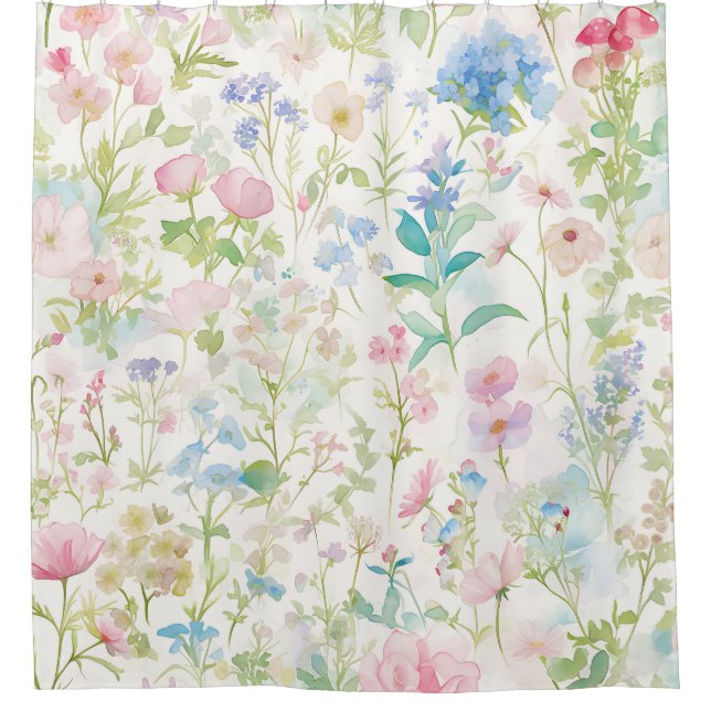 Floral Bathroom decor, Pastel Wildflowers  Shower Curtain (Front)