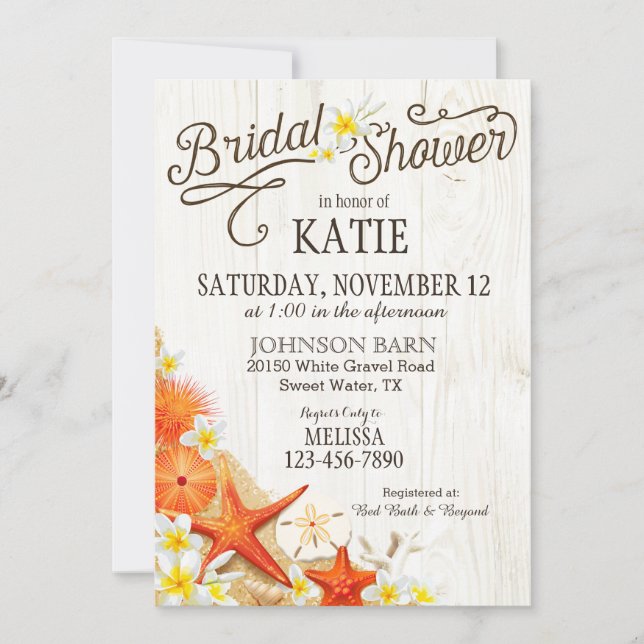 Floral Beach and Seashells Rustic Bridal Shower Invitation (Front)