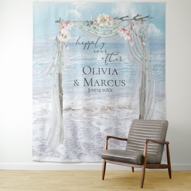 Floral Beach Arbor Wedding Photo Backdrop Tapestry (In Situ)