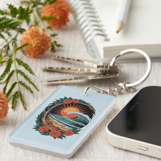 Floral Beach Lover Sunset Vacation Gift Retro Key Ring (Front Right)