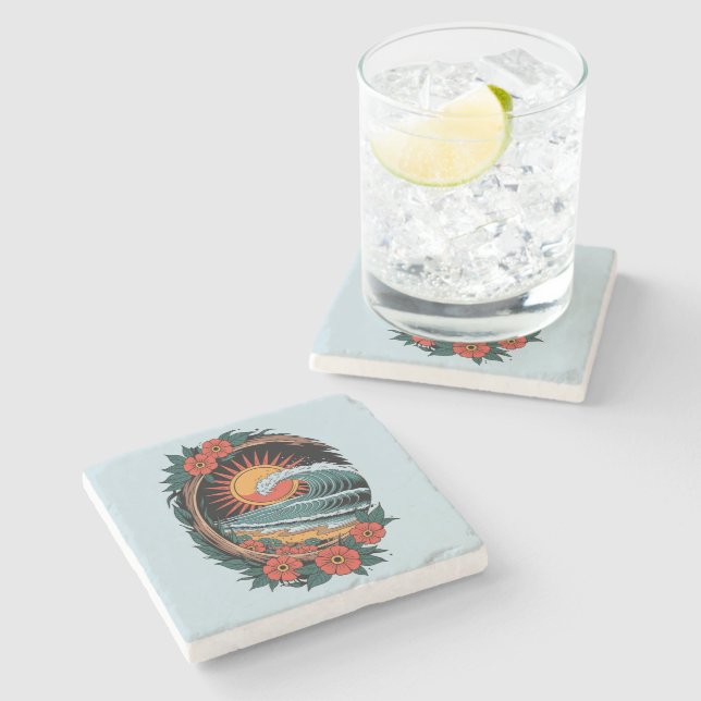 Floral Beach Lover Sunset Vacation Gift Retro Stone Coaster (Side)