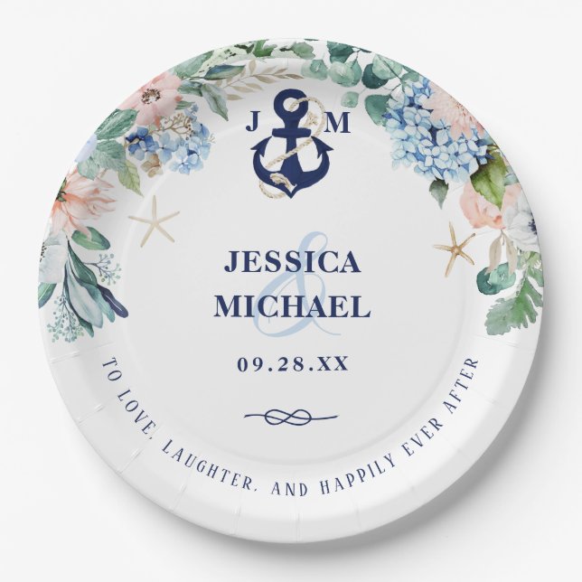 Floral Beach Nautical Happily Ever After Wedding Paper Plate (Front)