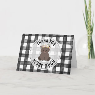 Floral Bear Black + White Gingham Thank You Card