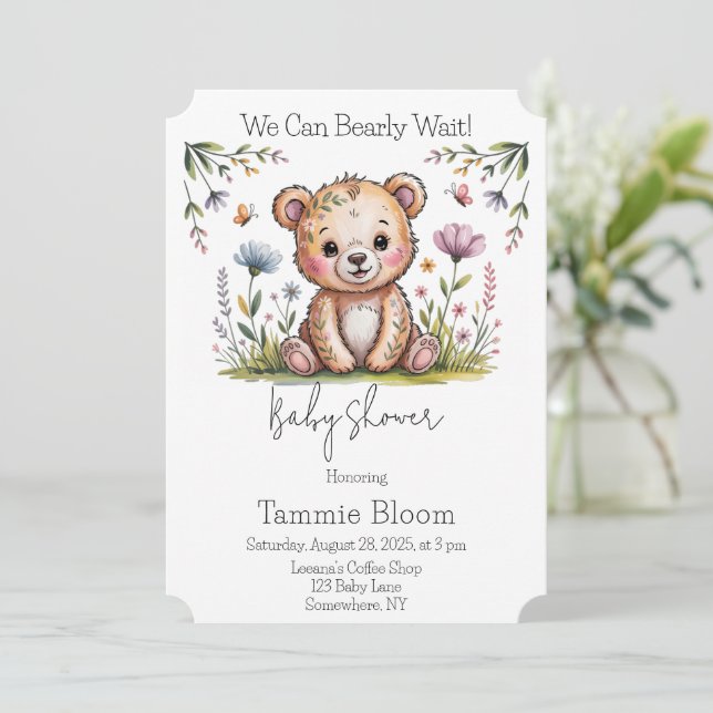 Floral Bear We Can Bearly Wait Baby Shower Invitation (Standing Front)