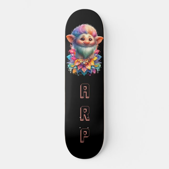 *~* Floral Beard Troll AP89 Neon Rainbow Initials Skateboard (Front)