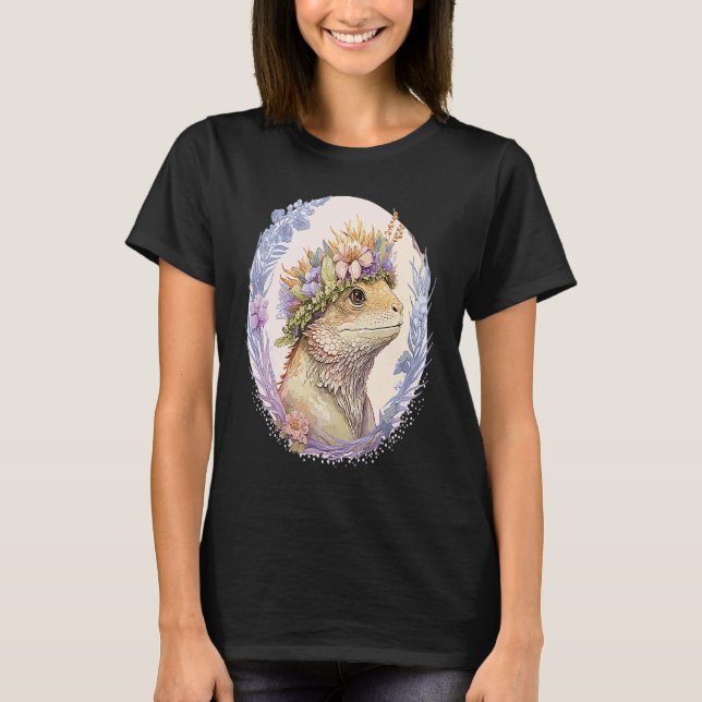 Floral Bearded Dragon Flower Crown Pet Lizard T-Shirt (Front)