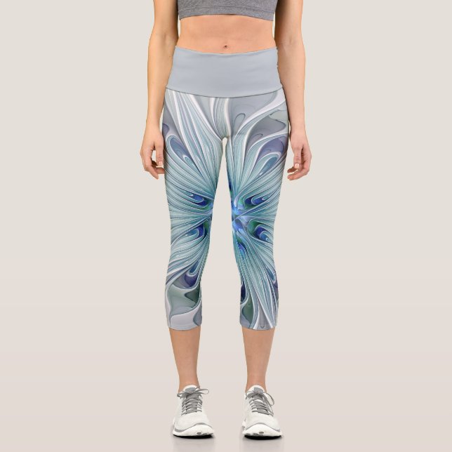 Floral Beauty Abstract Modern Blue Pastel Flower Capri Leggings (Front)