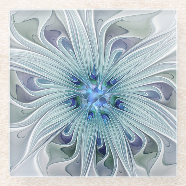 Floral Beauty Abstract Modern Blue Pastel Flower Glass Coaster (Front)