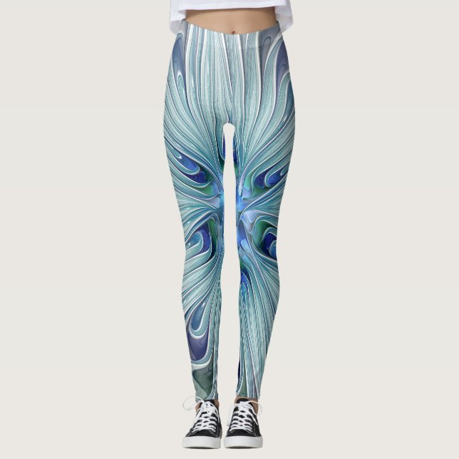 Floral Beauty Abstract Modern Blue Pastel Flower Leggings (Front)