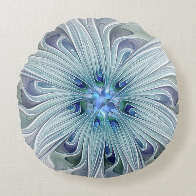Floral Beauty Abstract Modern Blue Pastel Flower Round Cushion (Front)