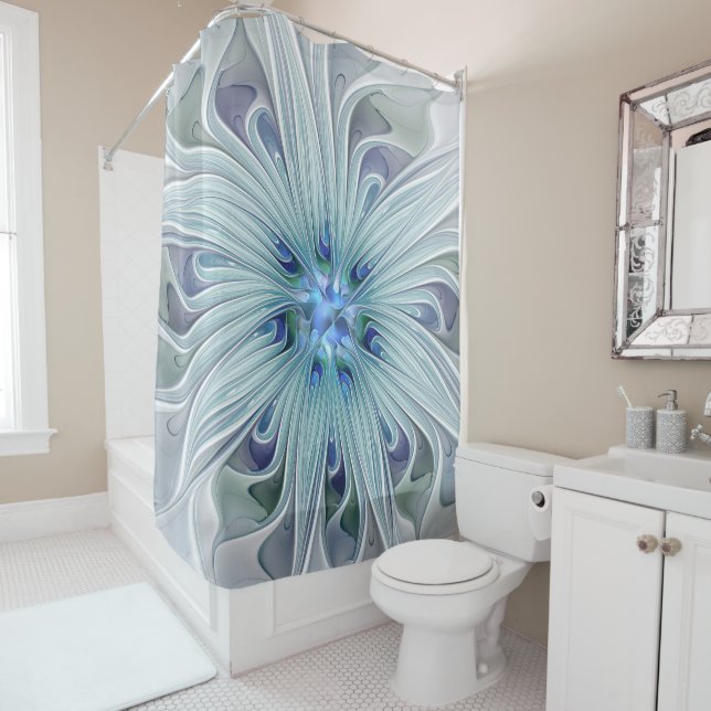 Floral Beauty Abstract Modern Blue Pastel Flower Shower Curtain (In Situ)