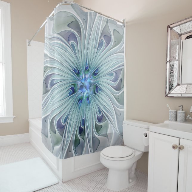 Floral Beauty Abstract Modern Blue Pastel Flower Shower Curtain (In Situ)