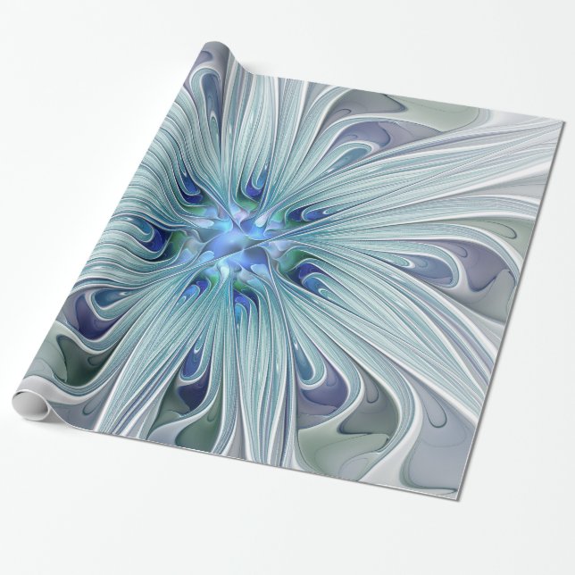 Floral Beauty Abstract Modern Blue Pastel Flower Wrapping Paper (Unrolled)
