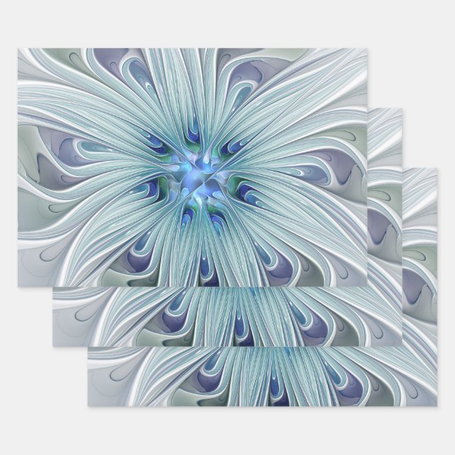 Floral Beauty Abstract Modern Blue Pastel Flower Wrapping Paper Sheet (Set)