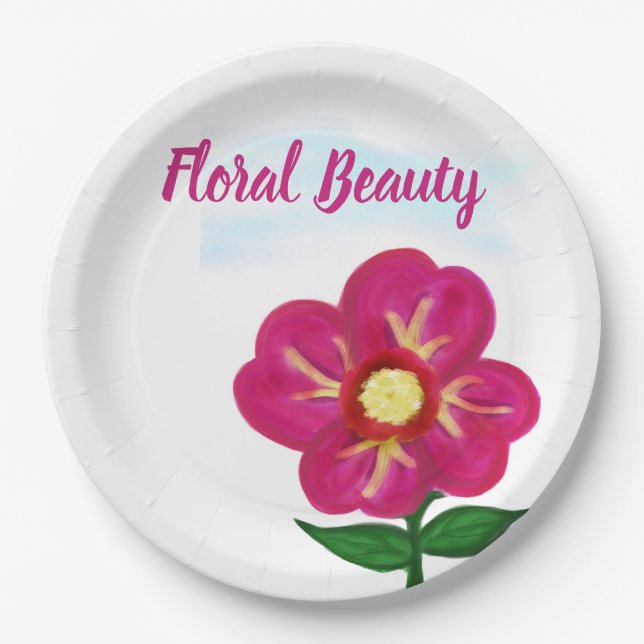 Floral Beauty Bright Pink Flower Paper Plate (Front)
